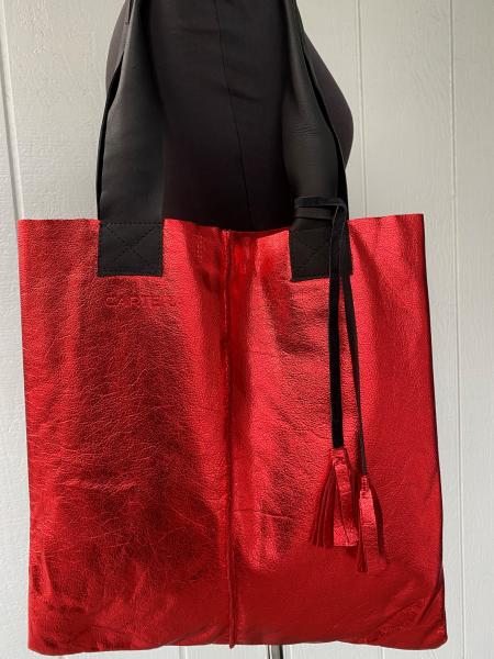 Tote, Metallic red leather with black straps picture