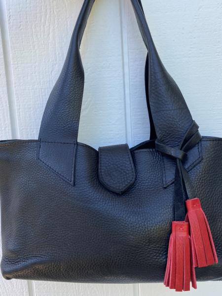 Shoulder bag, black leather purse with red tassel (zipper) picture