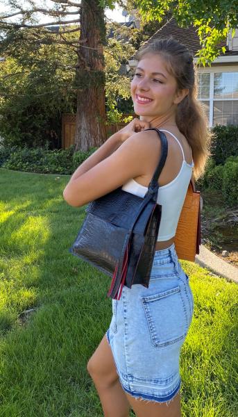 Shoulder Bag, BLACK leather lined with RED suede picture