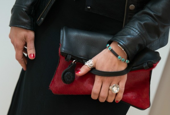 Crossbody / Clutch, Black leather with red hair on hide (zipper) picture