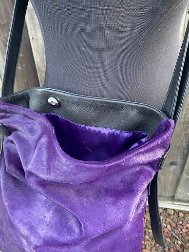 Crossbody, Black leather with Purple Hair on hide picture