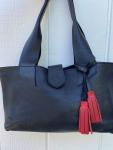 Shoulder bag, black leather purse with red tassel (zipper)