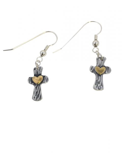 Fine Silver Earrings - Cross with Gold Heart picture