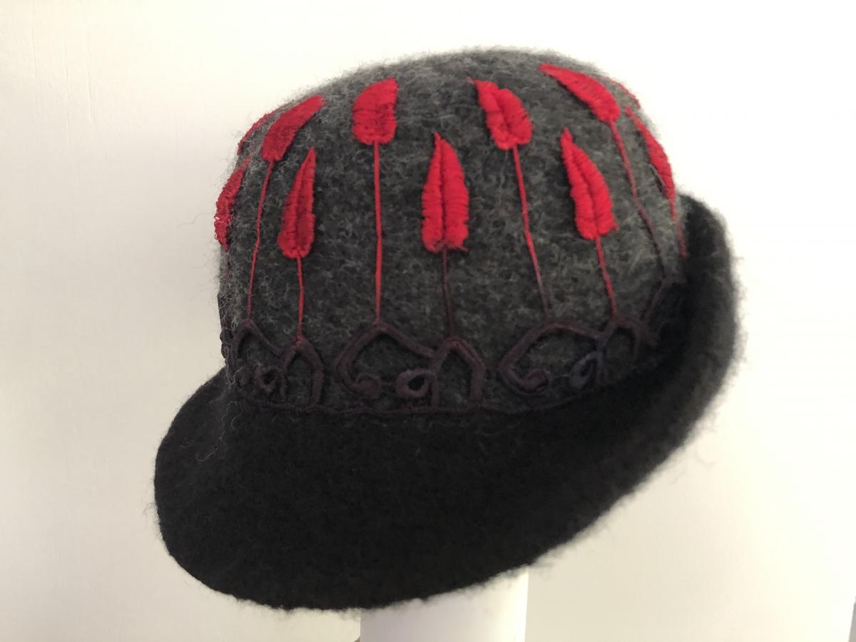 Tess McGuire Red Felted Wool Brimmed Hat w/ Velvet Flower Pin OS Handmade Tess McGuire Red Felted Wool Brimmed Hat w/ Velvet Flower  main image 2