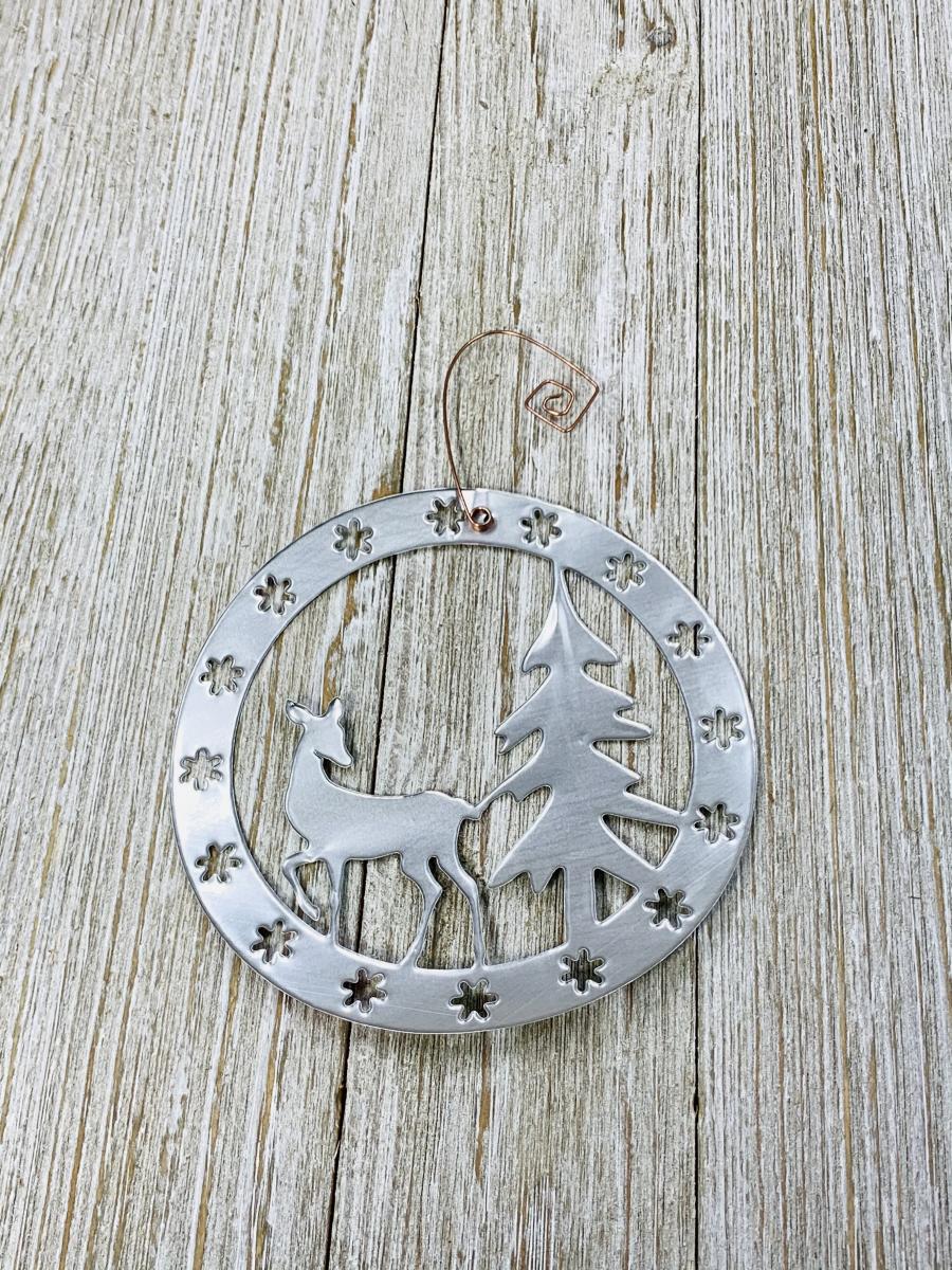 Deer - Doe and Tree Ornament made from Recycled Aluminum Can, Christmas Decoration picture