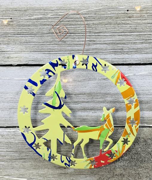 Deer - Doe and Tree Ornament made from Recycled Aluminum Can, Christmas Decoration picture