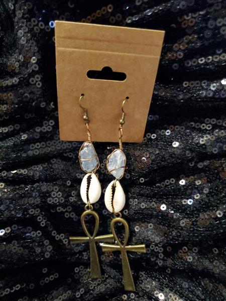 CELESTITE & COWRIE SHELL ANKH EARRINGS