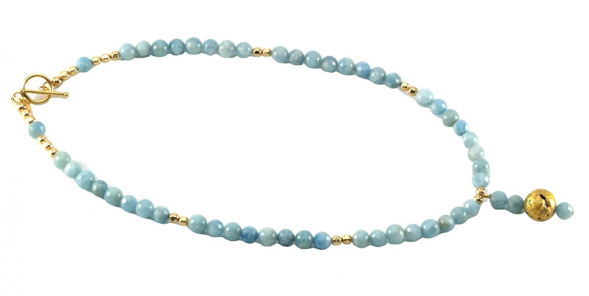 "Aquamarine Glow" Necklace - Gilded 23-Karat Gold Leaf, Aquamarine, Gold Beads, Gold Toggle Clasp picture