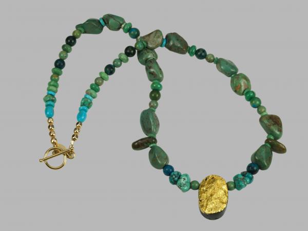 "Sun Dance" Necklace in 23-Karat Gold on Black Tektite, Green Turquoise, Azurite/Malachite picture