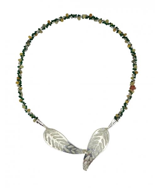 "Falling Leaves" Kumihimo Necklace in Emeralds, Sapphires, Sterling Silver, Ruby and Glass