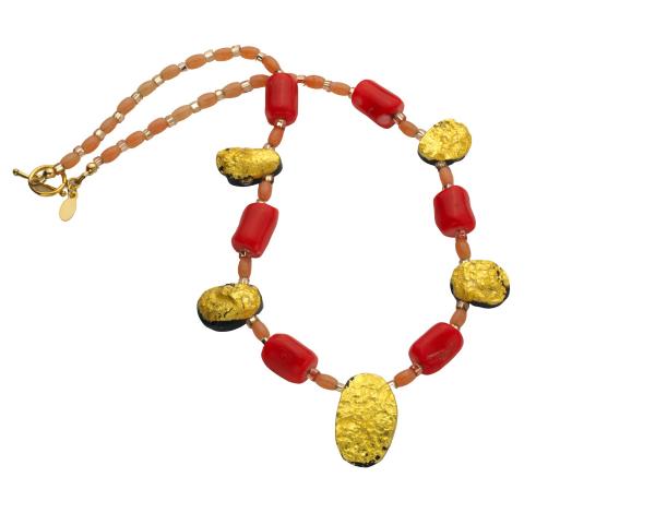 "Splendid" Necklace in 23-Karat Gold on Black Tektite, Coral, Czech Glass picture