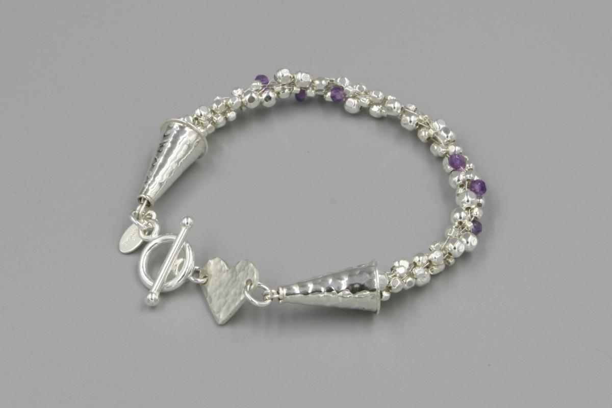 "Lavender Rain" Kumihimo Bracelet in Sterling Silver, Amethyst, Hand-Hammered Sterling Heart picture