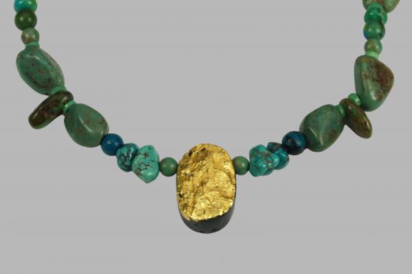 "Sun Dance" Necklace in 23-Karat Gold on Black Tektite, Green Turquoise, Azurite/Malachite picture