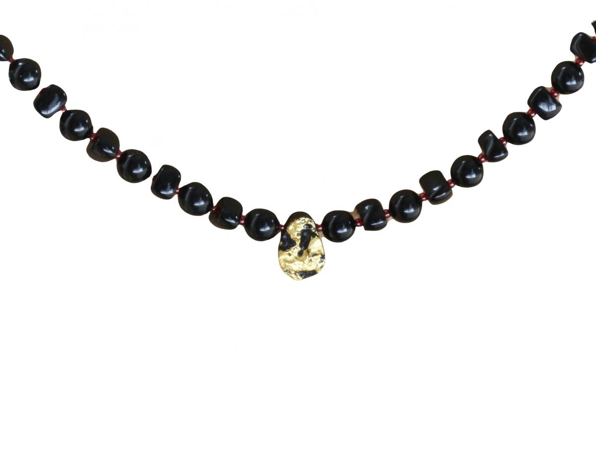 Cosmic Glow Necklace in 23-Karat Gold Leaf on Tektite Stone, Onyx, Red Seed Beads, 14-Karat Gold-Filled Toggle Clasp picture