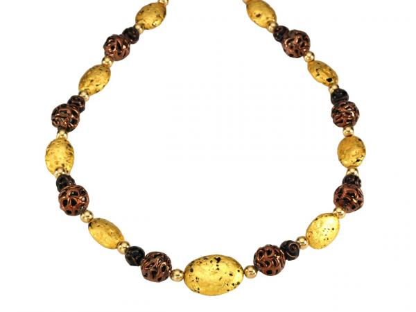 "Chocolate Lace" Necklace - Hand-Gilded 23-Karat Gold Leaf, Lava Stone, Lampwork Czech Glass, 14-Karat Gold-Filled Toggle Clasp, and Signature Tag picture