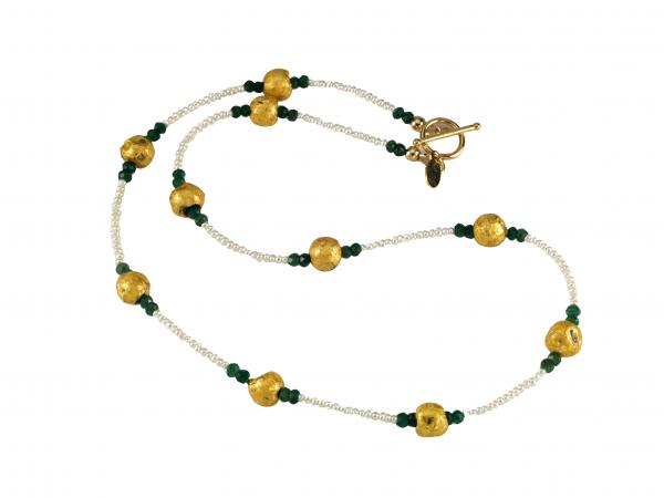 "Emerald Kisses" Necklace - Hand-Gilded 23-Karat Gold Leaf on Lava Stone, Emeralds, Freshwater Pearls