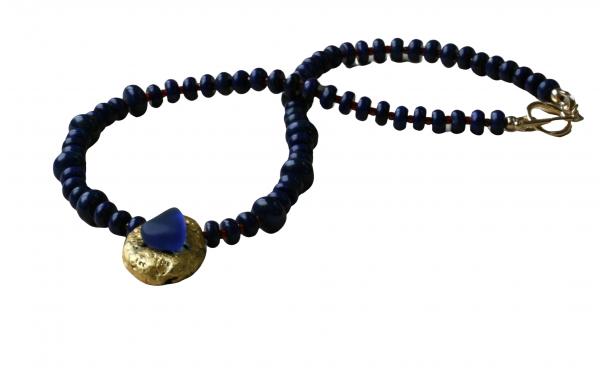 "Lapis Magic" Choker Length Necklace - Lapis Lazuli Saucer Beads, Red Seed Beads, 23-Karat Gold on Lava Nugget, Tumbled Blue Glass, Toggle Clasp picture