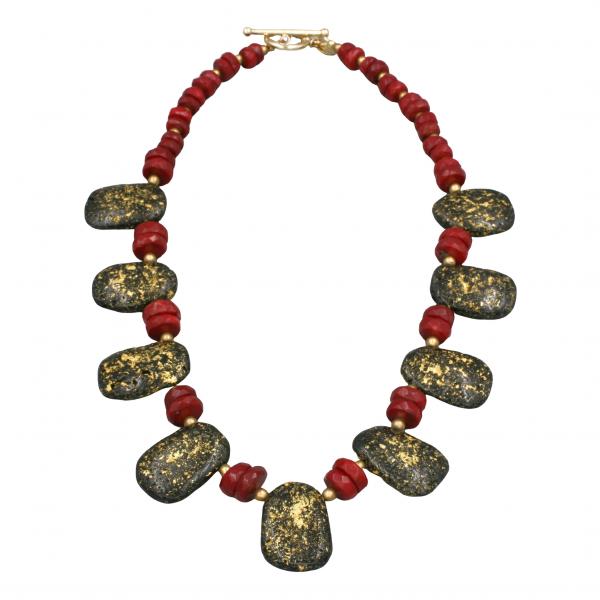 "Rhapsody in Red" Necklace in Rich Coral, Gold, Czech Glass picture