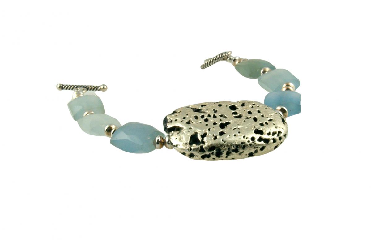 "Baby Blue Glow" Bracelet in Chalcedony and White Gold Leaf on Lava picture
