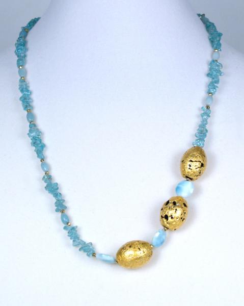 "Crystal Lake" Necklace in 23-Karat Gold Leaf on Three Lava Stones, Apatite, Larimar, and 24-Karat Gold-Plate Over Pyrite picture