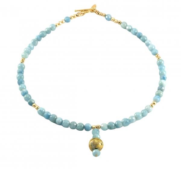 "Aquamarine Glow" Necklace - Gilded 23-Karat Gold Leaf, Aquamarine, Gold Beads, Gold Toggle Clasp