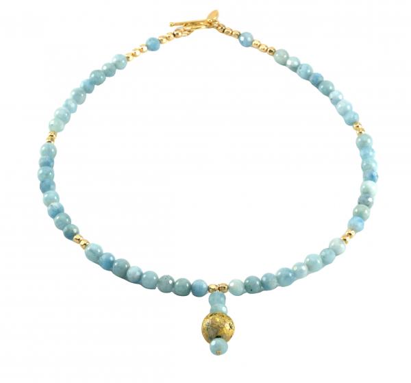 "Aquamarine Glow" Necklace - Gilded 23-Karat Gold Leaf, Aquamarine, Gold Beads, Gold Toggle Clasp picture