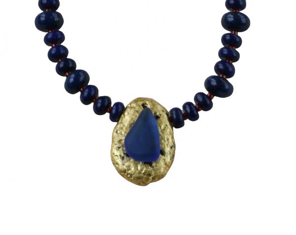 "Lapis Magic" Choker Length Necklace - Lapis Lazuli Saucer Beads, Red Seed Beads, 23-Karat Gold on Lava Nugget, Tumbled Blue Glass, Toggle Clasp picture