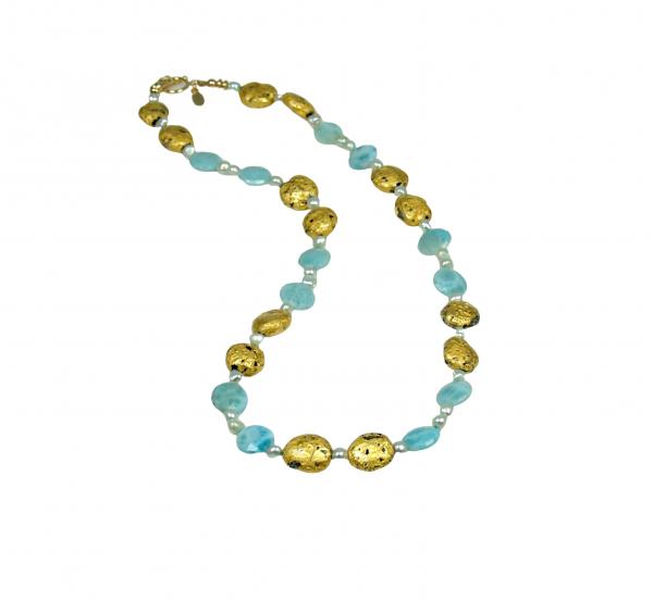 "Beloved" Necklace in 23-Karat Gold Leaf on Lava Stone, Larimar, and Freshwater Pearls picture