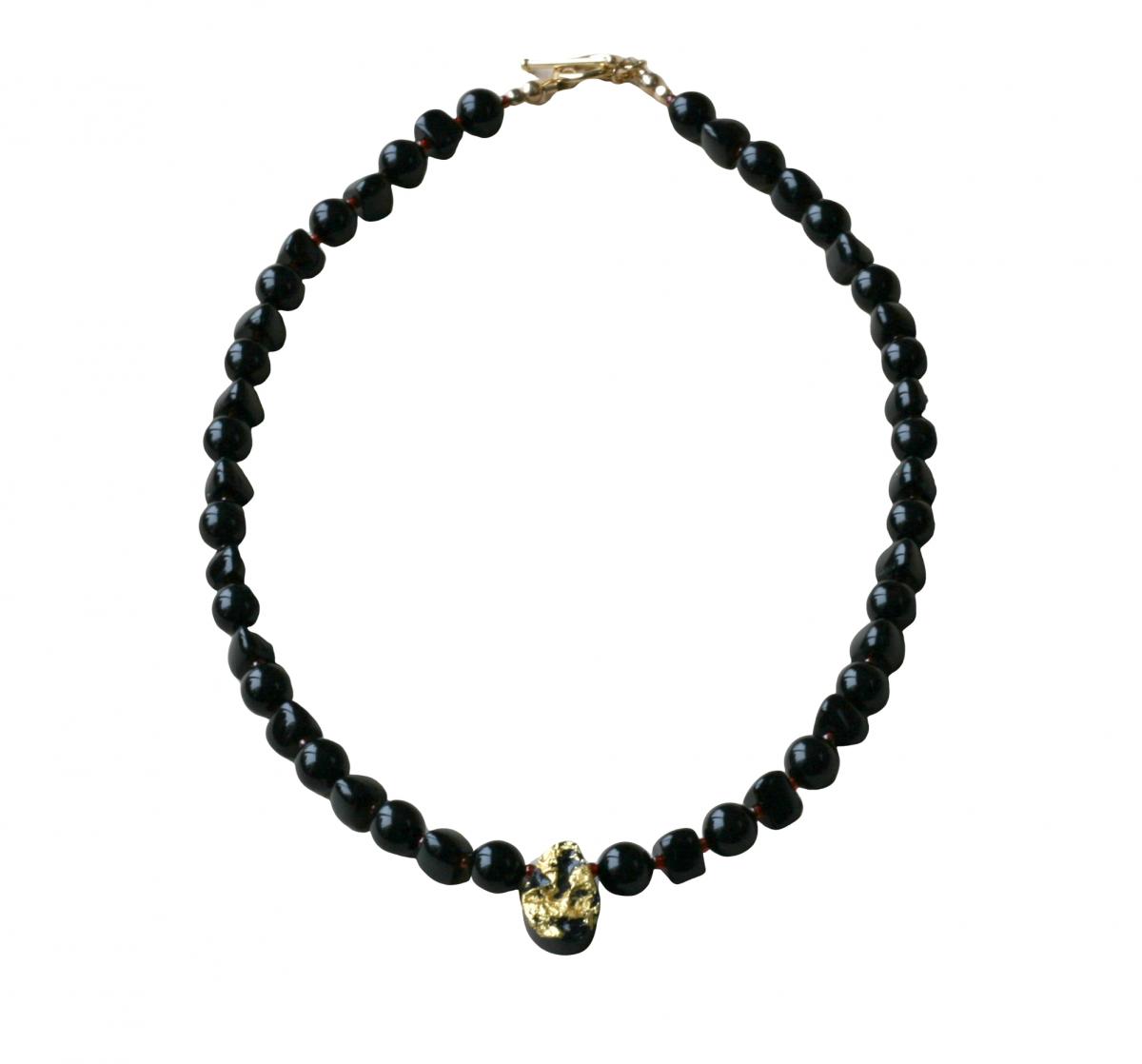 Cosmic Glow Necklace in 23-Karat Gold Leaf on Tektite Stone, Onyx, Red Seed Beads, 14-Karat Gold-Filled Toggle Clasp picture