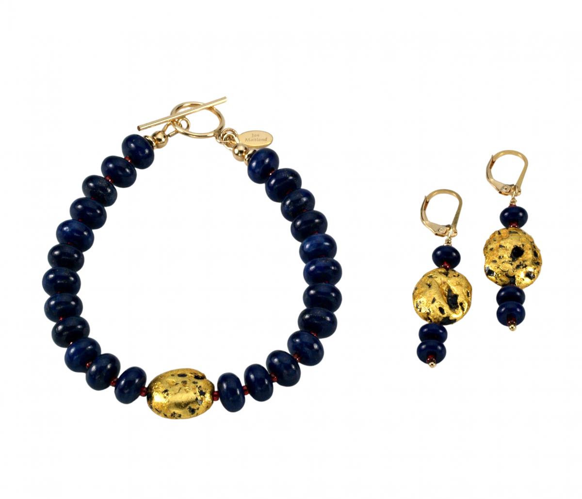 Lapis Magic Earrings - Lapis Lazuli, Red Seed Beads, 23-Karat Gold on Lava Nugget, Gold Leverbacks picture