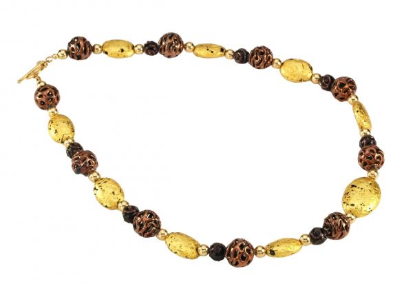 "Chocolate Lace" Necklace - Hand-Gilded 23-Karat Gold Leaf, Lava Stone, Lampwork Czech Glass, 14-Karat Gold-Filled Toggle Clasp, and Signature Tag