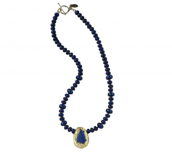 "Lapis Magic" Choker Length Necklace - Lapis Lazuli Saucer Beads, Red Seed Beads, 23-Karat Gold on Lava Nugget, Tumbled Blue Glass, Toggle Clasp picture