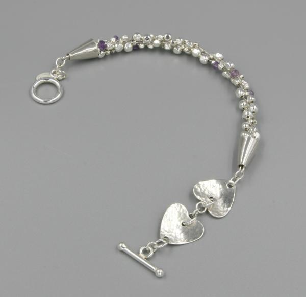 "Two Hearts" Sterling Silver and Amethyst Kumihimo Bracelet With Hand-Hammered Sterling Hearts picture