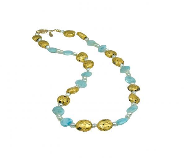 "Beloved" Necklace in 23-Karat Gold Leaf on Lava Stone, Larimar, and Freshwater Pearls picture