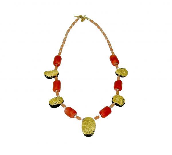 "Splendid" Necklace in 23-Karat Gold on Black Tektite, Coral, Czech Glass picture