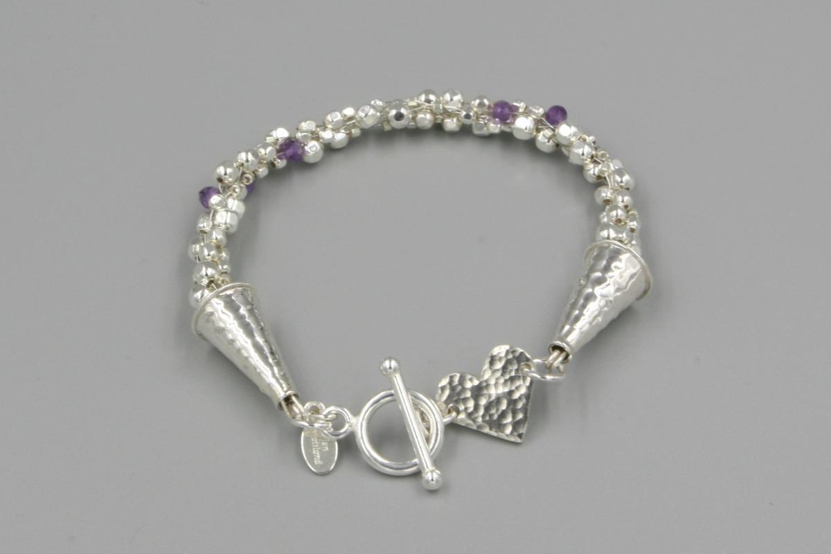 "Lavender Rain" Kumihimo Bracelet in Sterling Silver, Amethyst, Hand-Hammered Sterling Heart picture