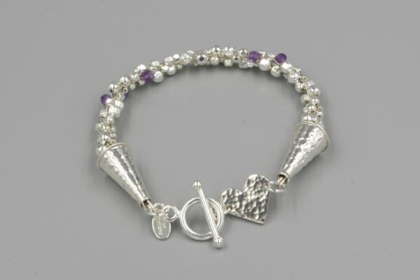 "Lavender Rain" Kumihimo Bracelet in Sterling Silver, Amethyst, Hand-Hammered Sterling Heart picture