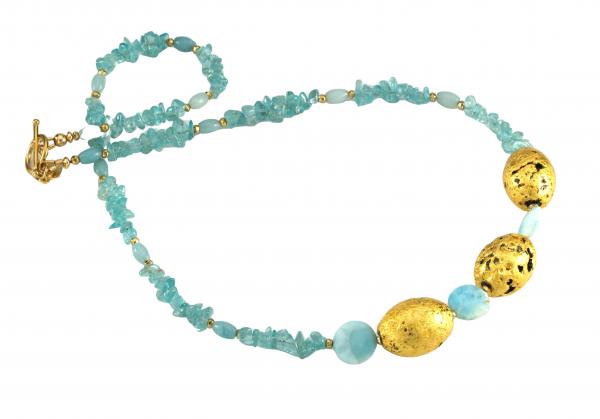 "Crystal Lake" Necklace in 23-Karat Gold Leaf on Three Lava Stones, Apatite, Larimar, and 24-Karat Gold-Plate Over Pyrite picture