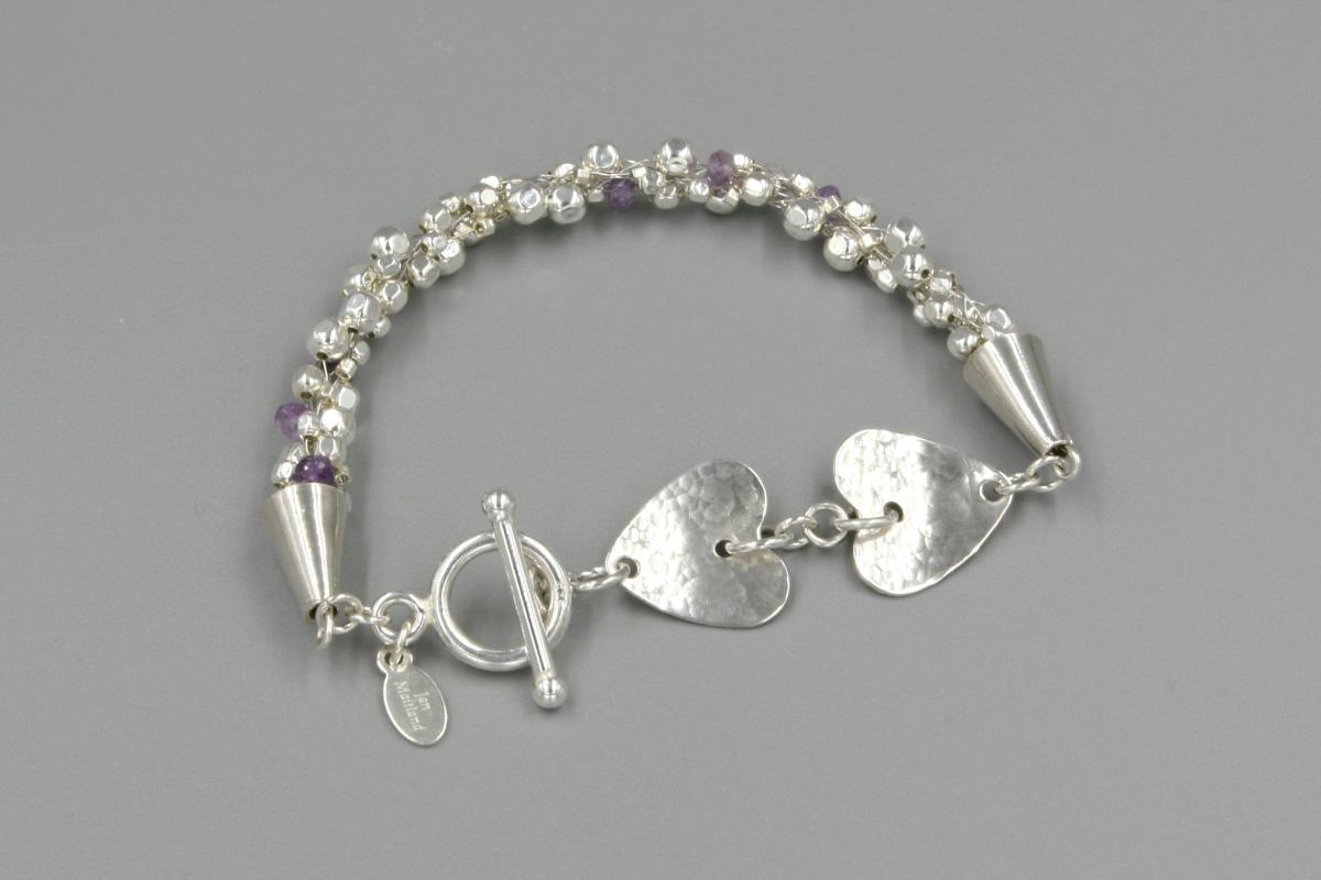 "Two Hearts" Sterling Silver and Amethyst Kumihimo Bracelet With Hand-Hammered Sterling Hearts picture