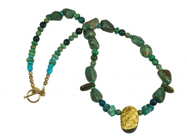 "Sun Dance" Necklace in 23-Karat Gold on Black Tektite, Green Turquoise, Azurite/Malachite