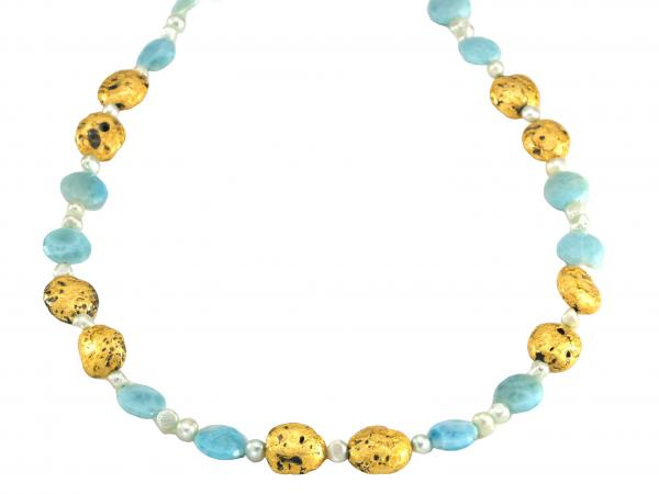 "Beloved" Necklace in 23-Karat Gold Leaf on Lava Stone, Larimar, and Freshwater Pearls