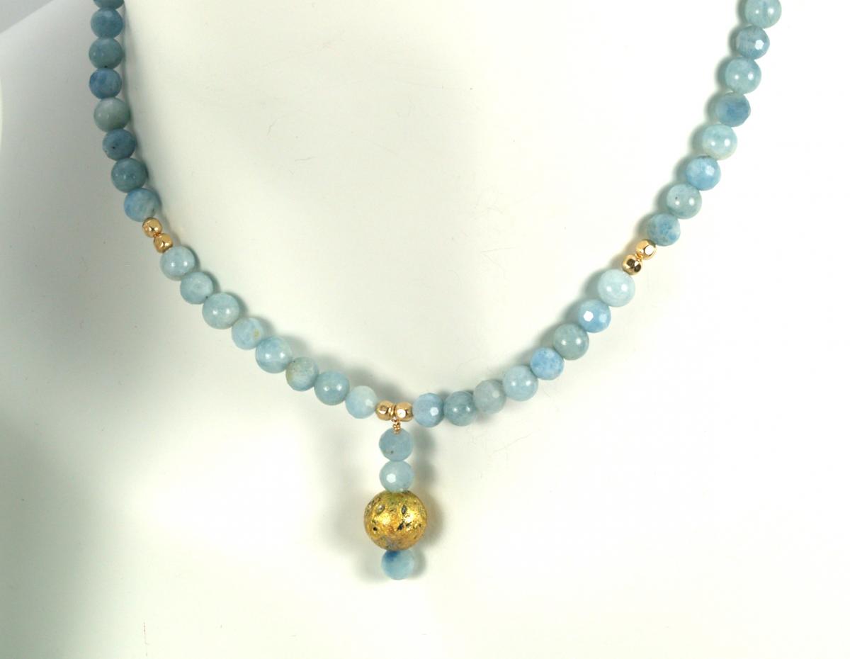 "Aquamarine Glow" Necklace - Gilded 23-Karat Gold Leaf, Aquamarine, Gold Beads, Gold Toggle Clasp picture