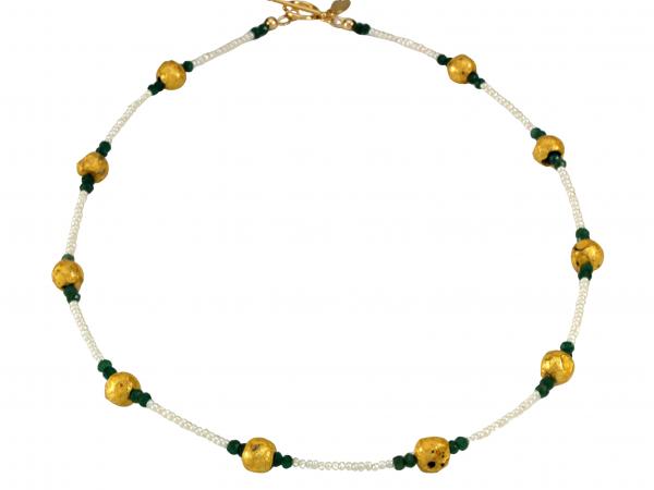 "Emerald Kisses" Necklace - Hand-Gilded 23-Karat Gold Leaf on Lava Stone, Emeralds, Freshwater Pearls picture