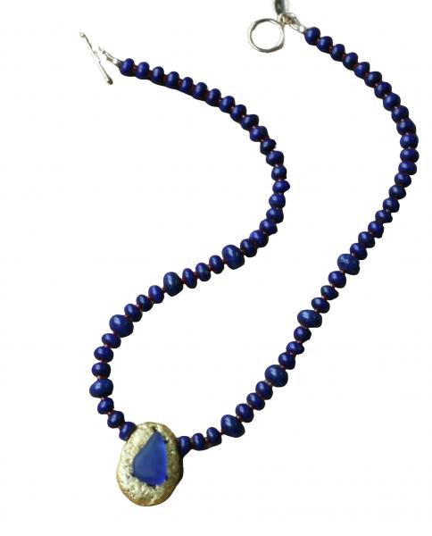 "Lapis Magic" Choker Length Necklace - Lapis Lazuli Saucer Beads, Red Seed Beads, 23-Karat Gold on Lava Nugget, Tumbled Blue Glass, Toggle Clasp picture