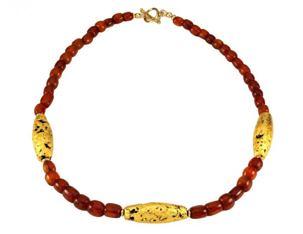 "Amber Glow" Necklace - Amber, Hand-Gilded 23-Karat Gold Leaf, Lava, 14-Karat Gold-filled Beads, Toggle Clasp, and Signature Tag picture