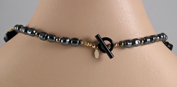 "Mezzo Soprano" Necklace in 23-Karat Gold on Tektite, Onyx, Pyrite, and Swarovski Crystal Pearls picture