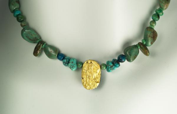 "Sun Dance" Necklace in 23-Karat Gold on Black Tektite, Green Turquoise, Azurite/Malachite picture