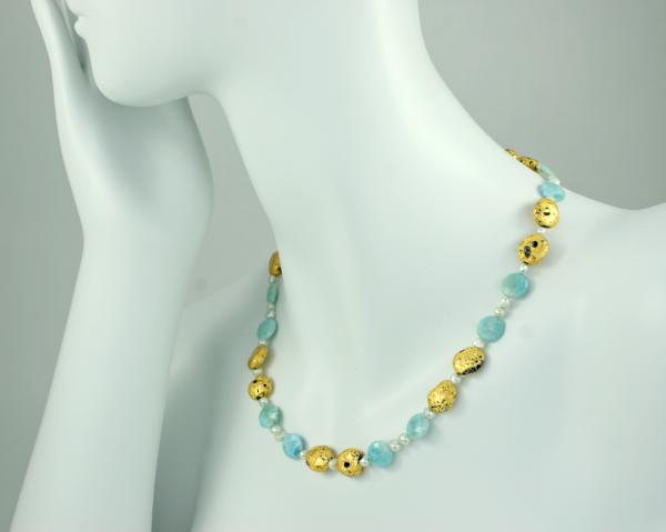 "Beloved" Necklace in 23-Karat Gold Leaf on Lava Stone, Larimar, and Freshwater Pearls picture