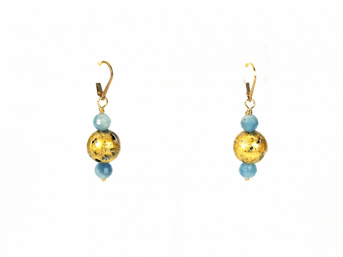 "Aquamarine Glow" Earrings - Aquamarine, 23-Karat Gold Leaf on Lava picture