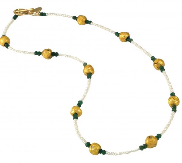 "Emerald Kisses" Necklace - Hand-Gilded 23-Karat Gold Leaf on Lava Stone, Emeralds, Freshwater Pearls picture